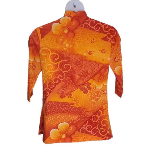 VINTAGE 60s Hawaiian print top orange floral‎ button down shirt M - Picture 2 of 9